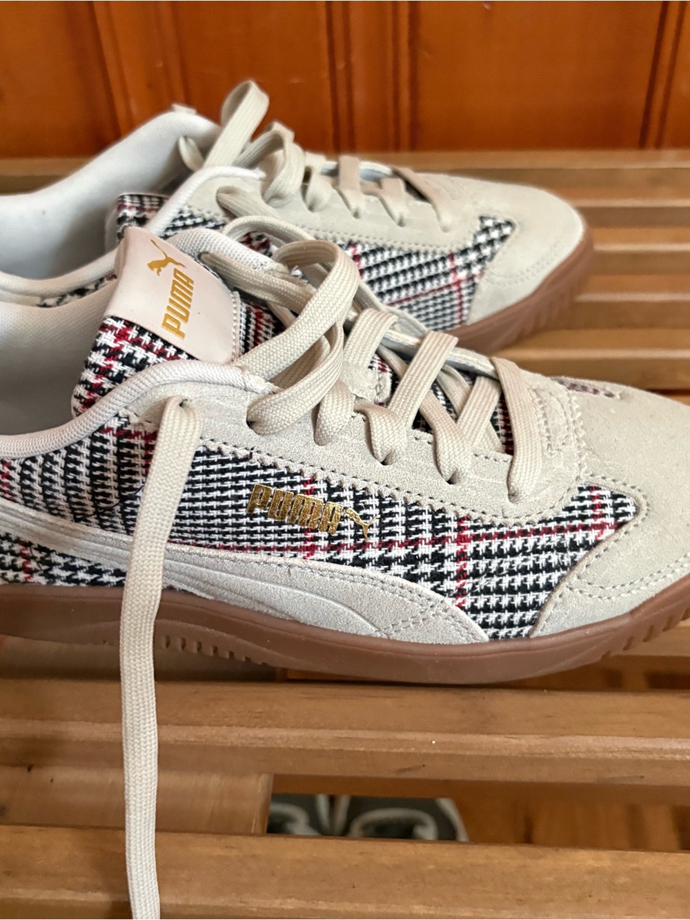Puma Beige Suede & Black/White/Red Houndstooth Sneakers